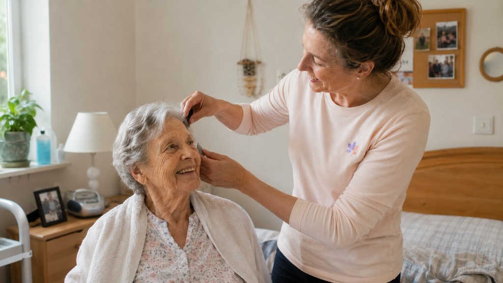 Betreuungskraft hilft einer Seniorin beim Frisieren